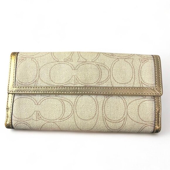 COACH | Vintage Monogram Gold and Beige Long Fold Wallet Gold Hardware Turn Lock - Picture 3 of 6